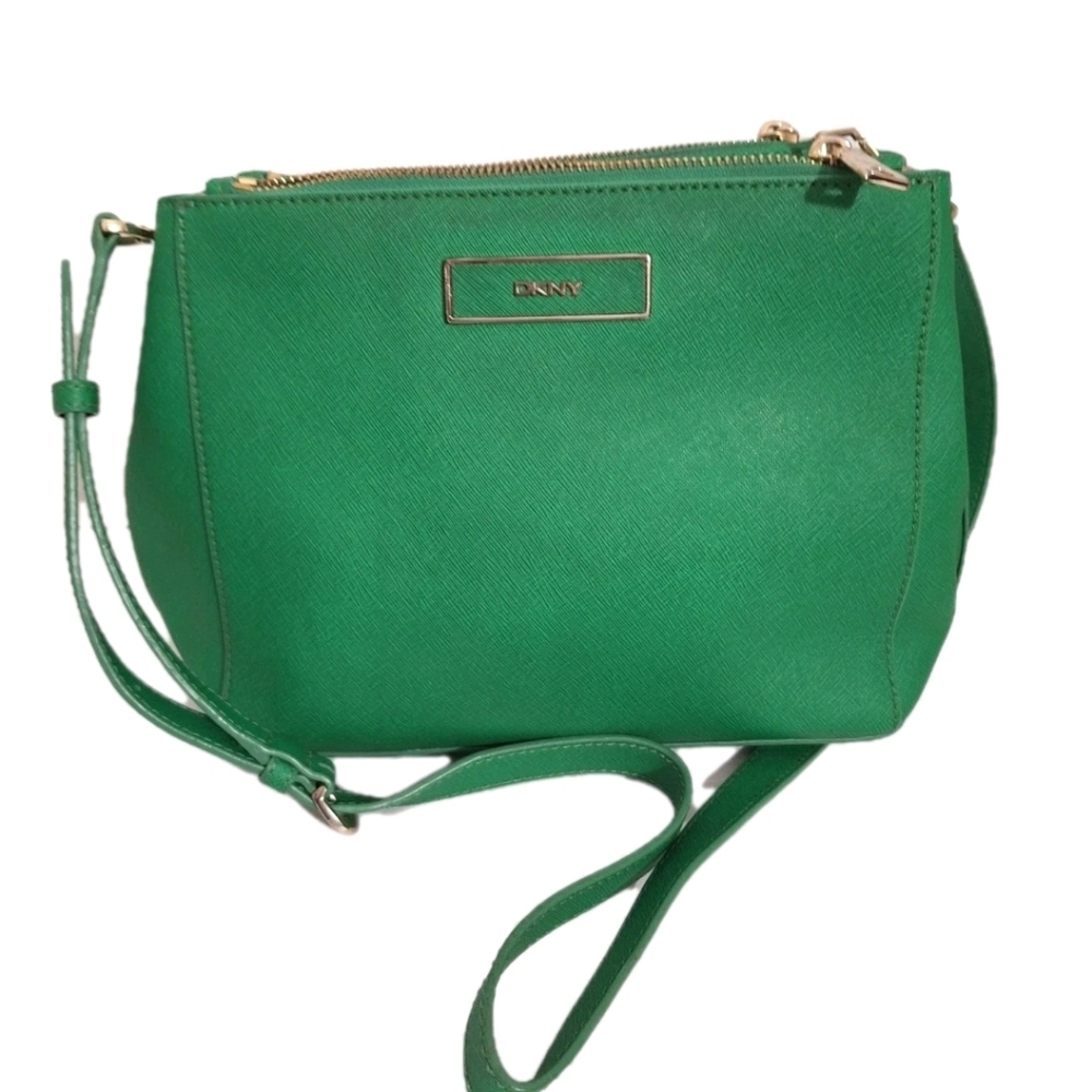 DKNY Women's Green Saffiano Leather Double Handle Shoulder Crossbody Bag EUC